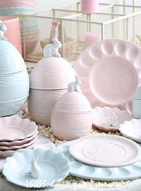 Lsuss 陶瓷 兔子 珍珠边 浮雕盘 罐子 摆件 碟 小兔子 白兔鹿小鸟