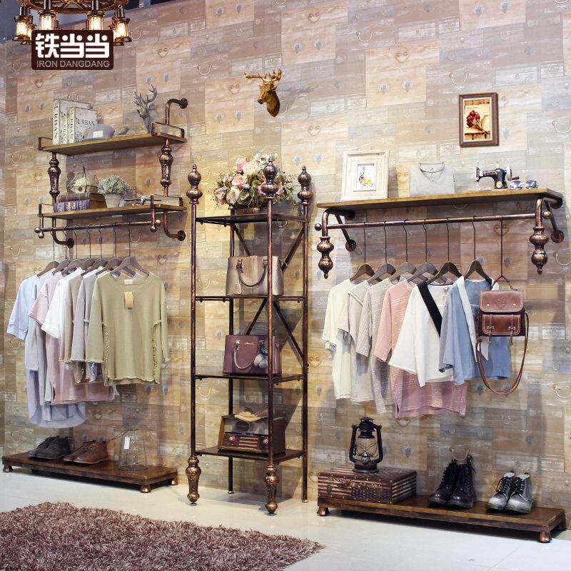 铁当当衣服架子服装店展示架上墙落地式复古衣架侧挂组合服装架女