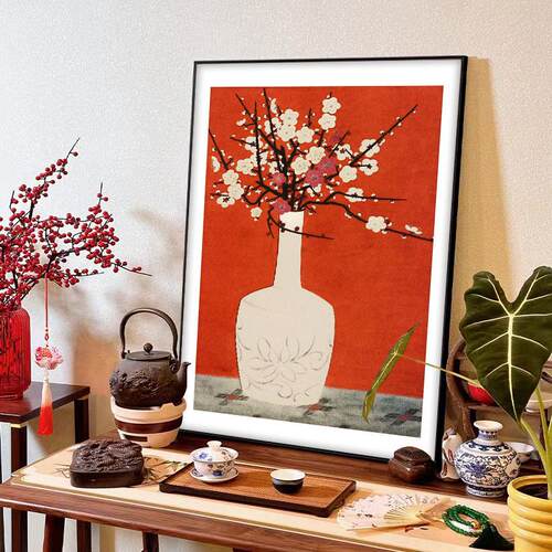 新中式五福梅花瓶玄关装饰画民宿茶室招财葫芦图挂画客厅桌面摆件