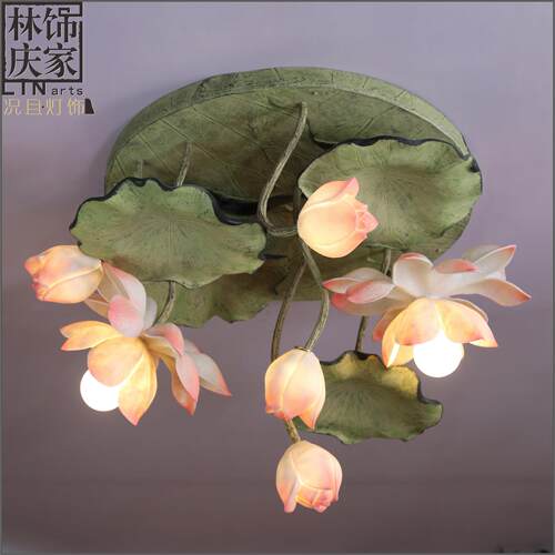 现代新中式客厅圆形吊灯简约荷花艺术灯中国风树脂莲花卧室吸顶灯