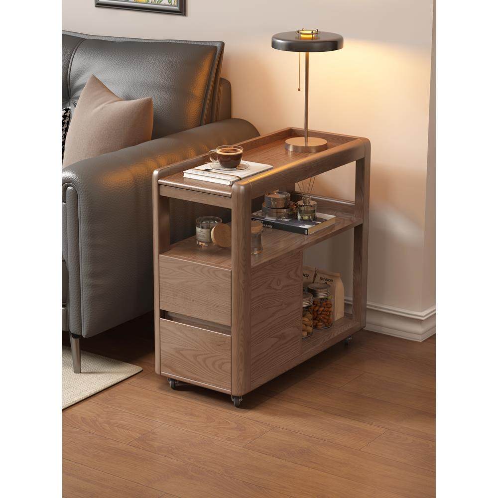 全实木沙发边柜可移动边几推车客厅家用茶几桌侧边柜带轮岩板角几