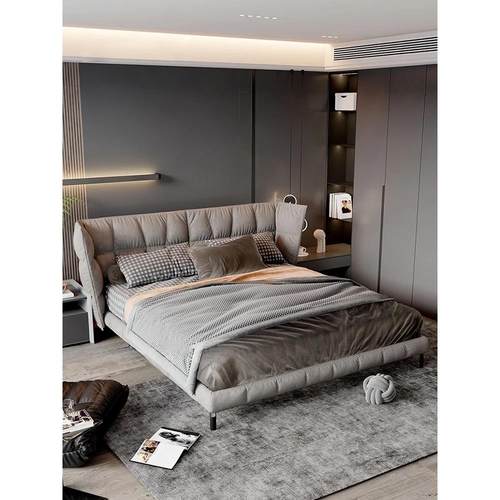 肌肉床意式极简主卧双人床现代轻奢简约布艺软床1.8米2米真皮婚床