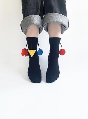 懒周日原创设计经典款百搭文艺绿色几何吊坠休闲黑色情侣中筒袜