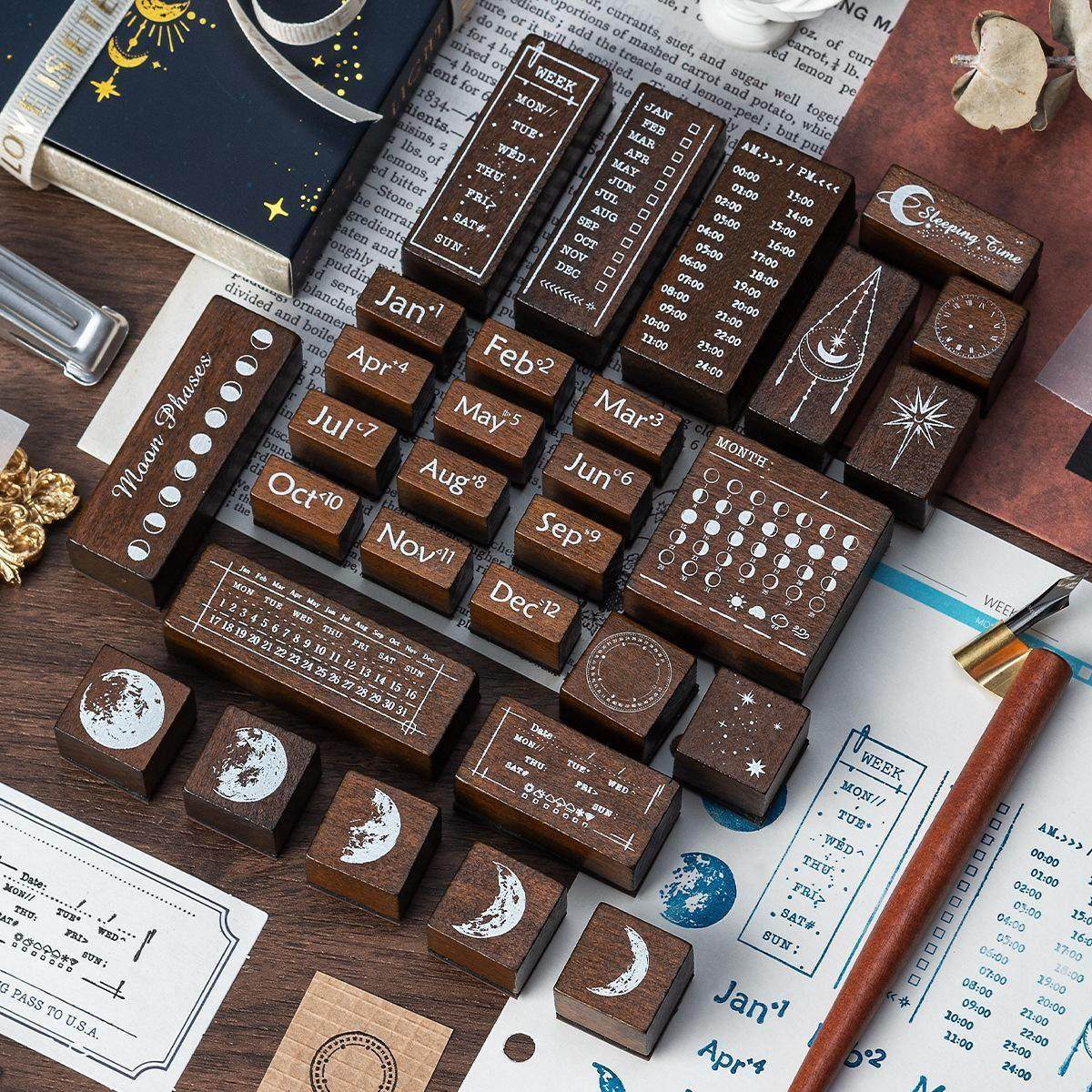 30枚月相星辉木质印章套盒万年历星期月份手账印章 跨境月相印章,文具电教/文化用品/商务用品,成品印章/学生用印/火漆,淘宝优惠券,粉丝福利购,淘宝优惠卷