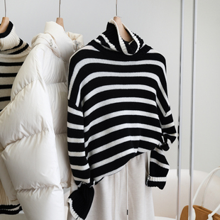 条纹开叉毛衣女 470g加厚高领法式 EYZG067X 丽丽姐专享