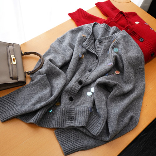 《丽丽姐专享》设计感彩色亮片 1OO%羊毛保暖针织开衫女NYZJ155