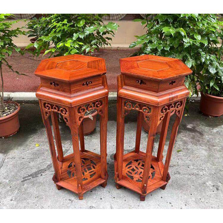 缅甸花梨木六角花架落地式红木花几现代中式住宅家具摆件客厅室内