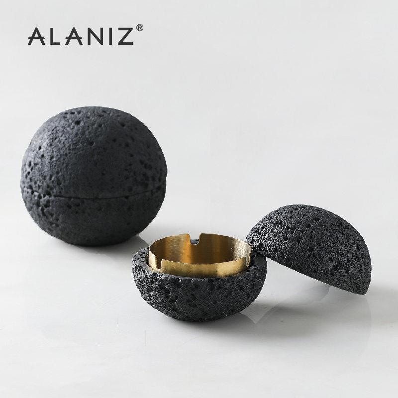 alaniz南兹岩石带盖防风烟灰缸创意金属缸茶道配件家用客厅摆件