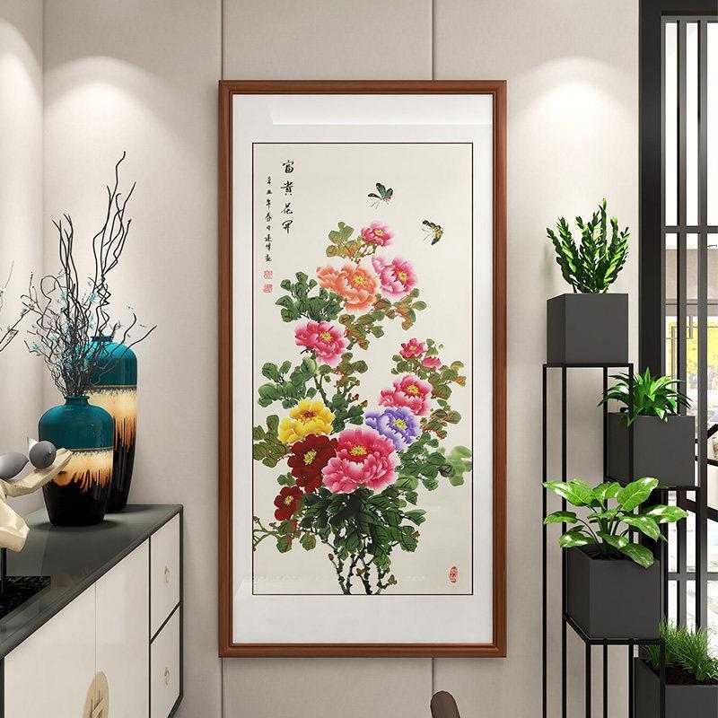 手绘真迹花开富贵牡丹花入户进门玄关装饰画走廊竖版中式国画挂画