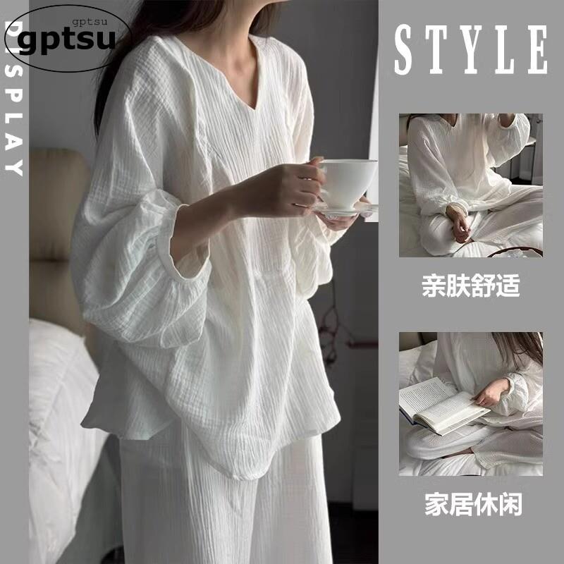 日系GPTSU纯色棉纱睡衣女春秋款长袖长裤慵懒风家居服套装可外穿