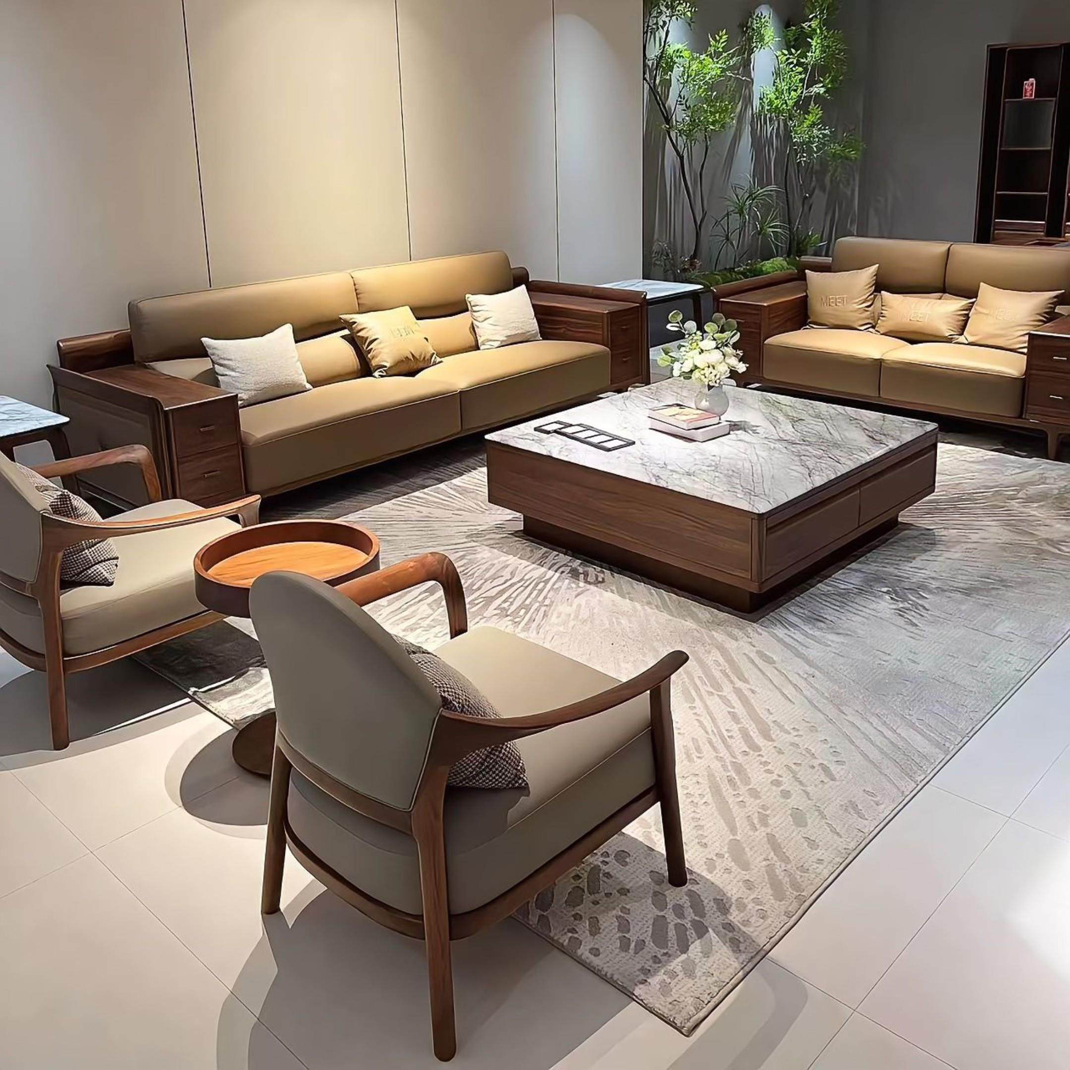 新中式北美黑胡桃木沙发组合客现代简约轻奢真皮实木沙发会客家具