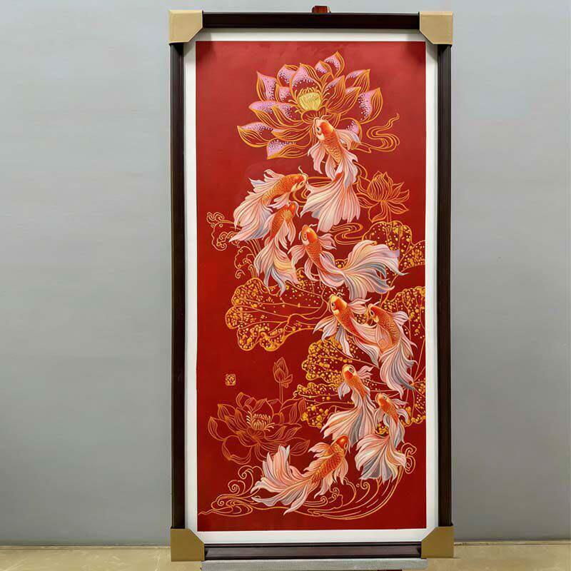 九鱼图新中式高端入户玄关装饰画宋代美学壁画红色锦鲤客厅挂画莫
