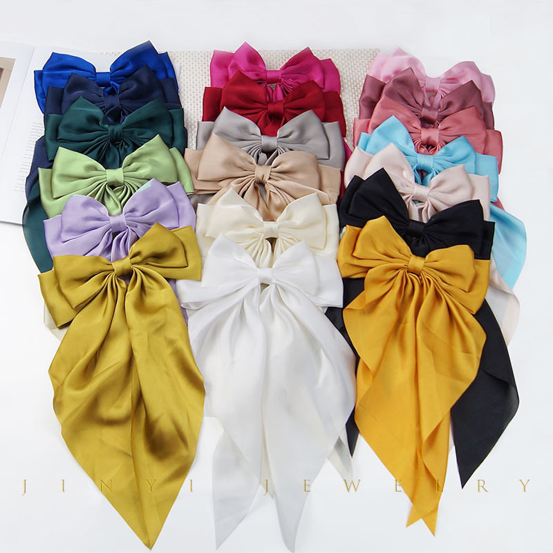 外贸专供长款网红缎面蝴蝶结发夹高级感百搭布艺长飘后脑勺头饰