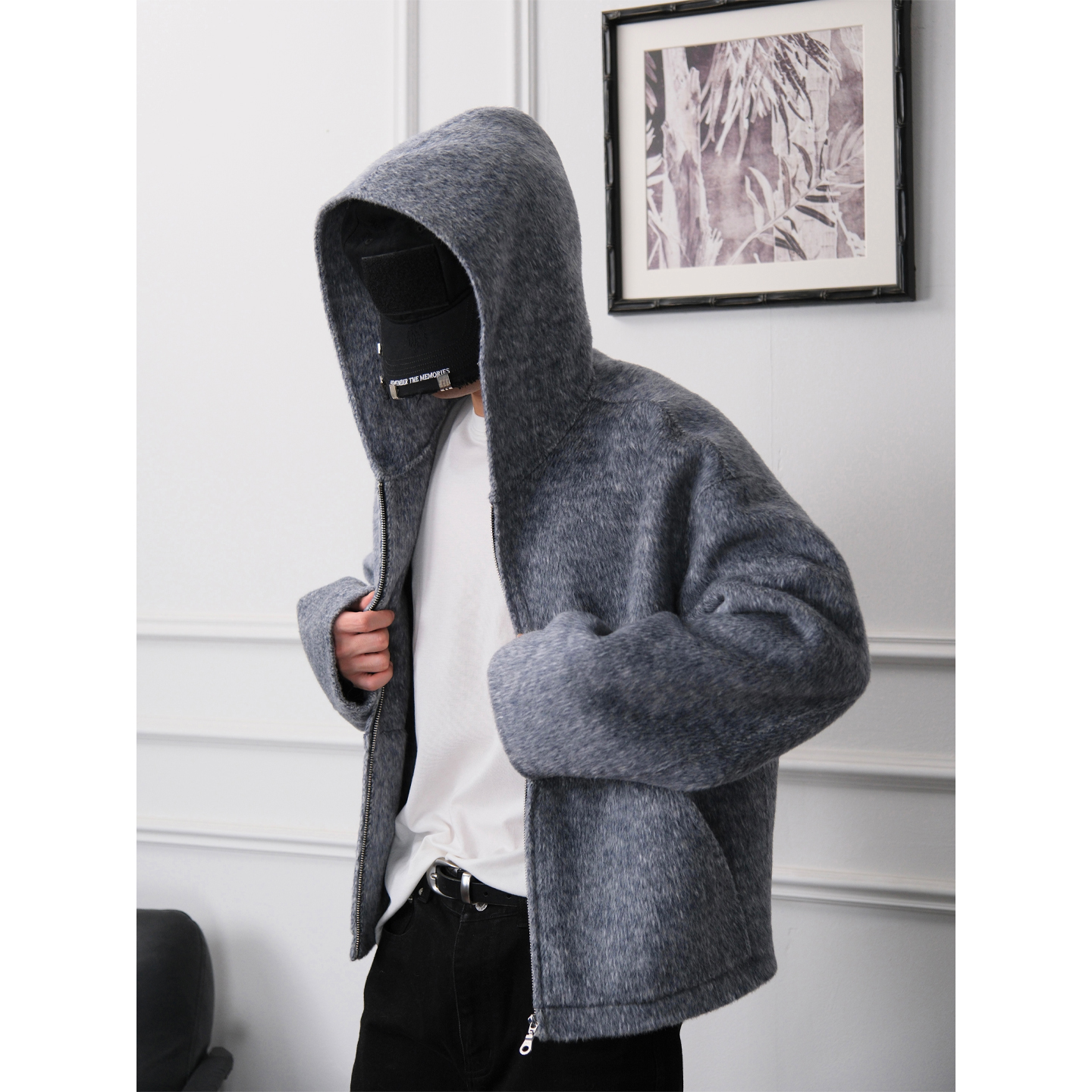 LIGRYD 900g苏力羊毛桑蚕丝混纺AC风格双面呢连帽夹克外套简约