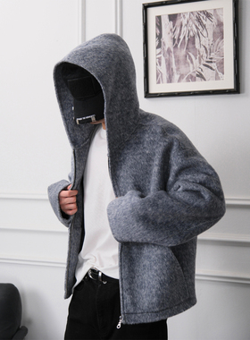 LIGRYD 900g苏力羊毛桑蚕丝混纺AC风格双面呢连帽夹克外套简约