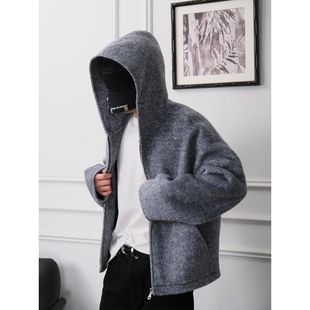 LIGRYD 900g苏力羊毛桑蚕丝混纺AC风格双面呢连帽夹克外套简约