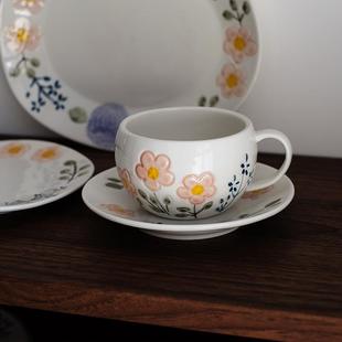 手绘釉下彩陶瓷盘 日式 蛋形咖啡杯拉花杯高级感早餐盘甜品碟