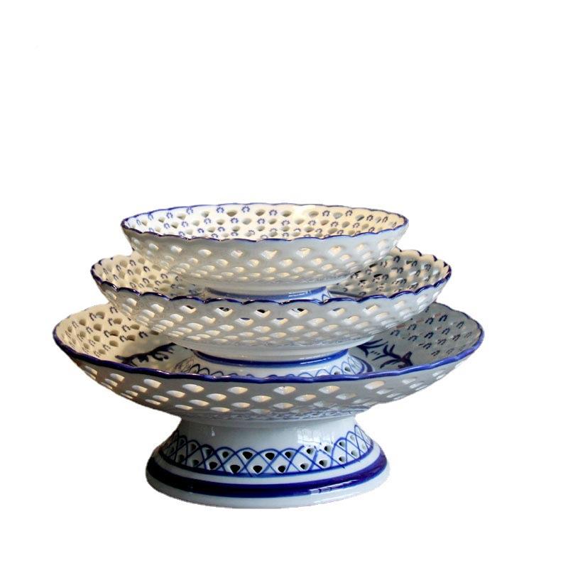 三瓷層青花鏤空陶盤瓷果盤yutong02點心水果客家居家用廳裝飾品擺