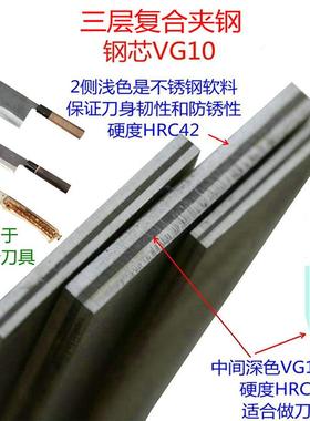 VG10夹钢板三层覆合青纸刀胚条料不锈淬火HRC60厚3至4mm工厂直销