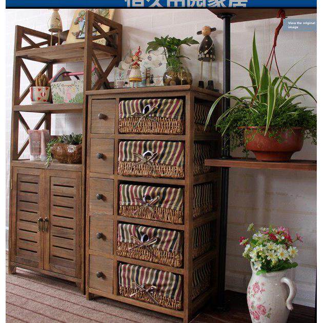 美式乡村田园斗柜储物柜覆古藤编收纳柜书柜书架十斗柜床头柜包邮