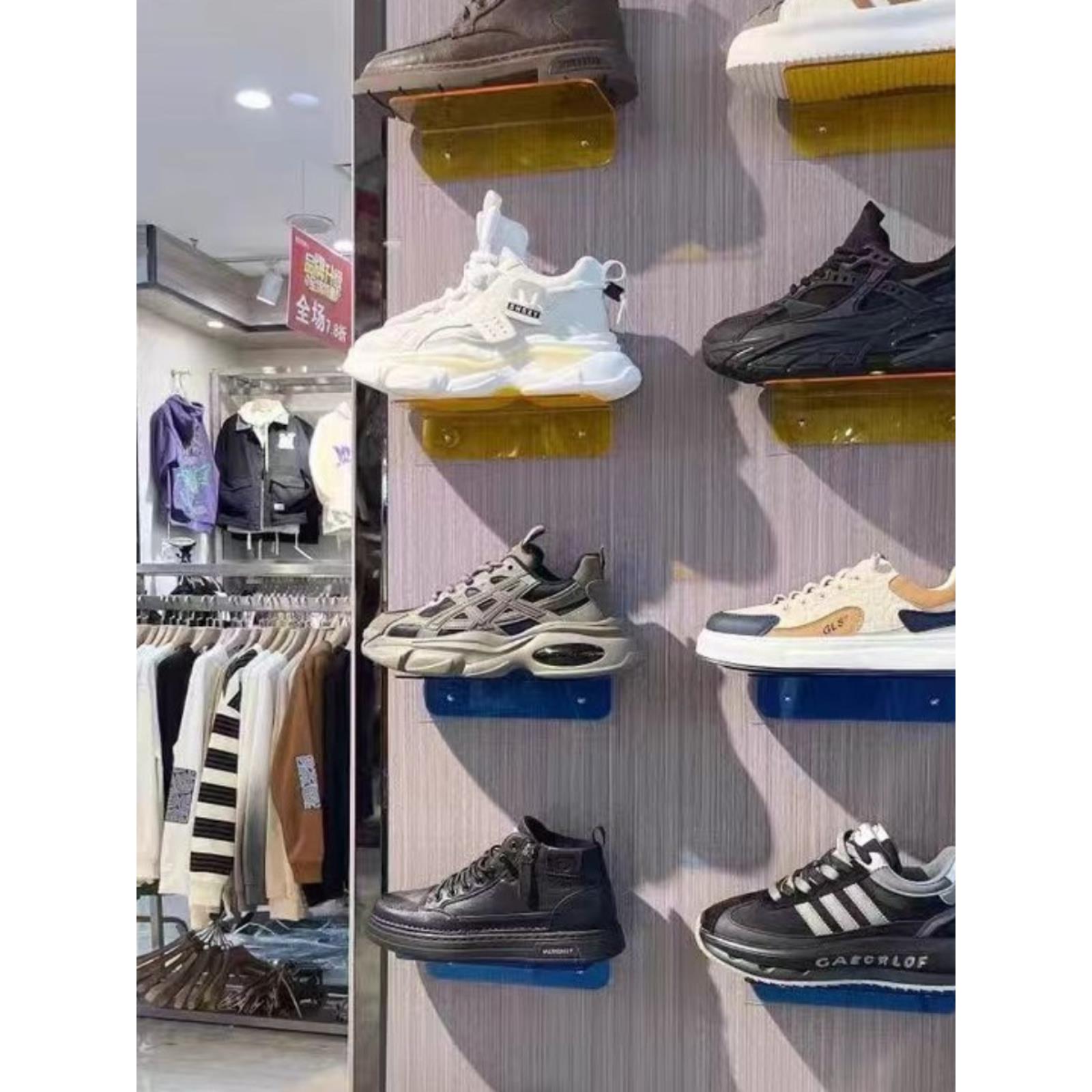 网红沾有颜色玻璃亚克力鞋店铺上墙鞋托展示架鞋货架陈列架置物架