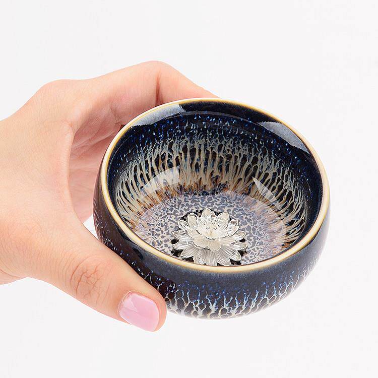 天目釉建盏茶杯镶银配件 纯银功夫茶具主人杯窑变茶盏礼品银水杯