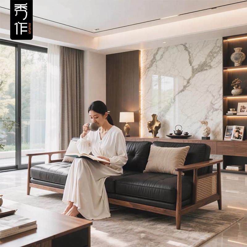 新中式黑胡桃木实木真皮沙发客厅2025新款小户型三人位直排沙发