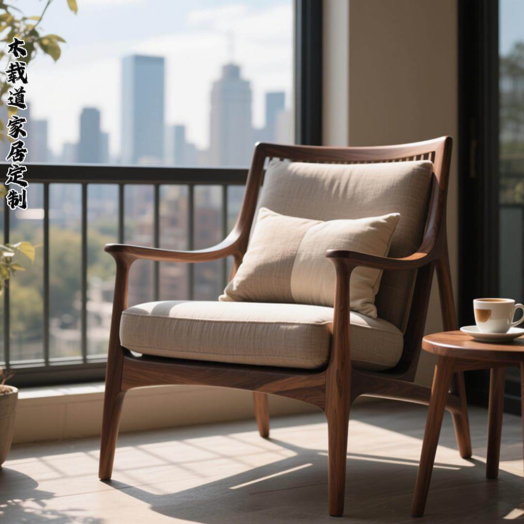 客厅2025新款极简新中式简约懒人阳台单人椅北美黑胡桃实木沙发椅