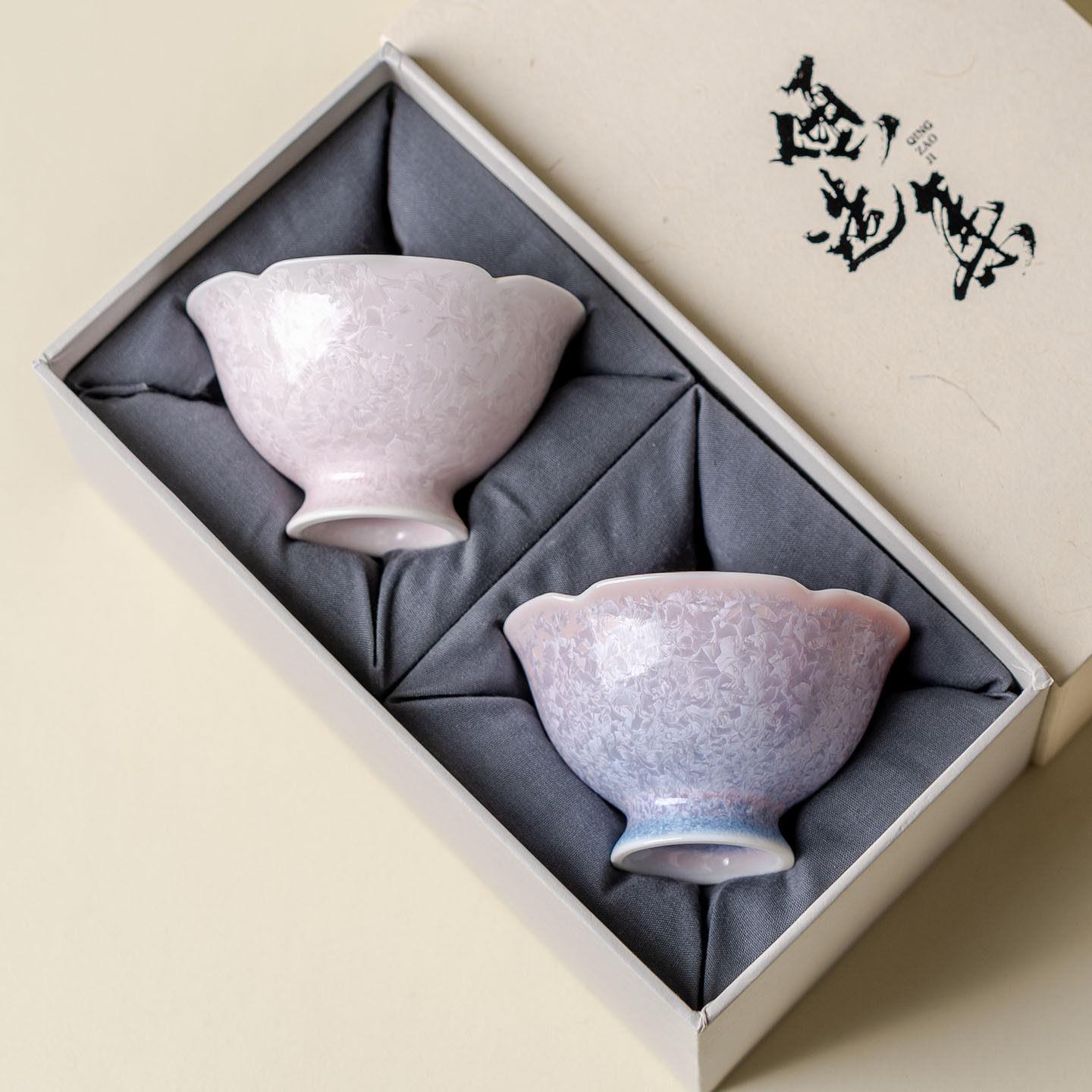山房丨窑变结晶陶瓷主人杯 功夫茶盏冰晶杯花口品茗杯礼盒对杯