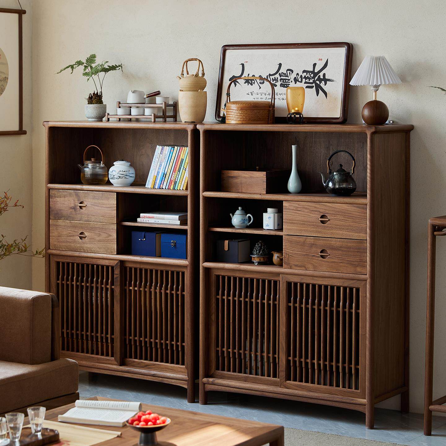 新中式黑胡桃木矮柜客厅沙发边柜收纳柜实木茶柜小书柜茶室博古架