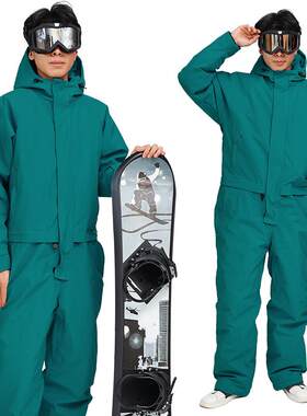 滑雪服专业男女款防水保暖加厚滑雪墨绿色连体衣单双板滑雪套装