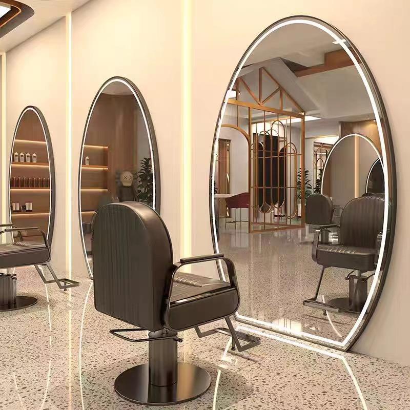 网红潮款发廊专用壁挂式剪发镜理髲店镜台美容美发镜子带灯LED镜