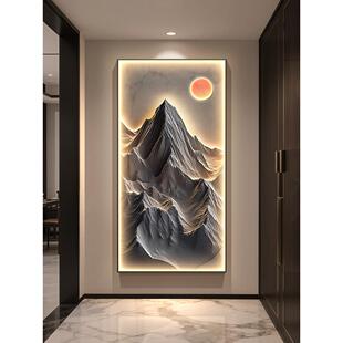 轻奢背有靠山玄关装饰画日出东方走廊挂画浮雕山水入户门带灯壁画