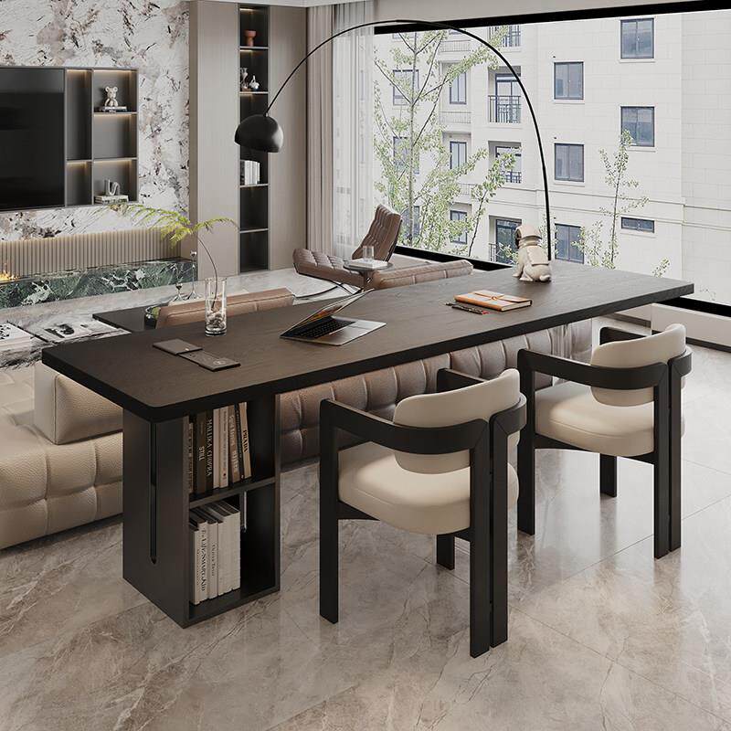 仟喜黑色实木书桌带插座双人学习桌家用客厅意式横厅沙发后长条桌