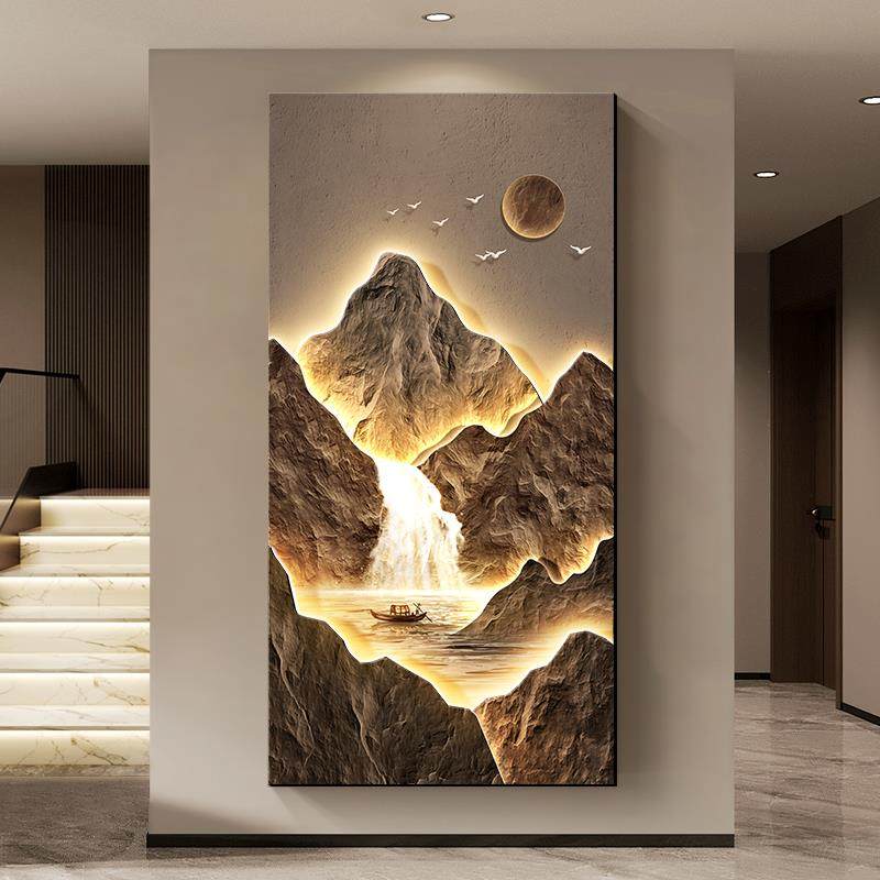 聚宝盆山水画玄关装饰画竖版灯画高级感入户正对门画走廊过道挂画