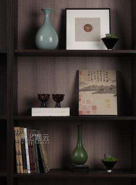现代新中国风样板房售楼处会所书房书柜软装创意花盆图书装饰摆件