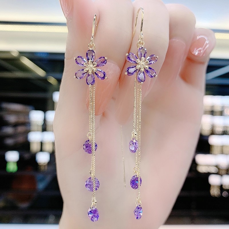 紫色水晶花朵耳线耳环2025新款潮韩国气质长款流苏耳坠高级感耳饰