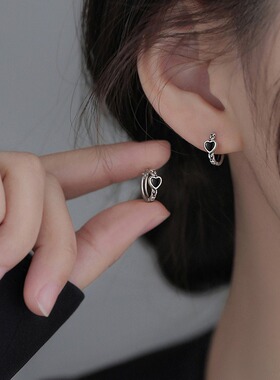 黑色精致滴釉爱心耳环女复古时尚简约冷淡风S925银针耳扣ins耳饰