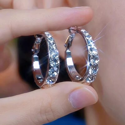 水钻耳圈小圆圈耳环2026年新款潮韩国气质耳钉轻奢圈圈耳饰银钍闪