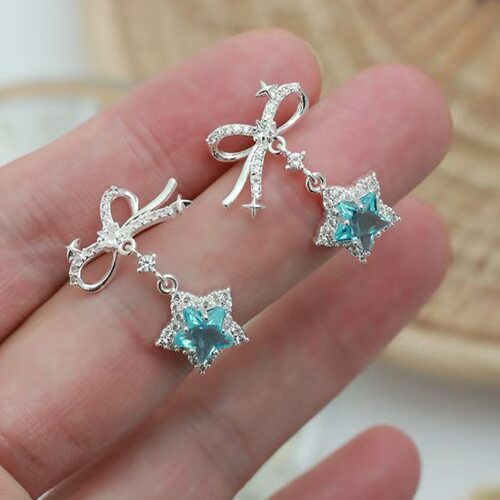 清冷感摇曳耳环星空蓝色耳饰星星蝴蝶结耳钉新款高级感甜美耳坠女