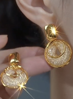 金色网状水晶耳环独特漂亮耳钉轻奢高级感耳饰2026耳坠女耳圈圆圈