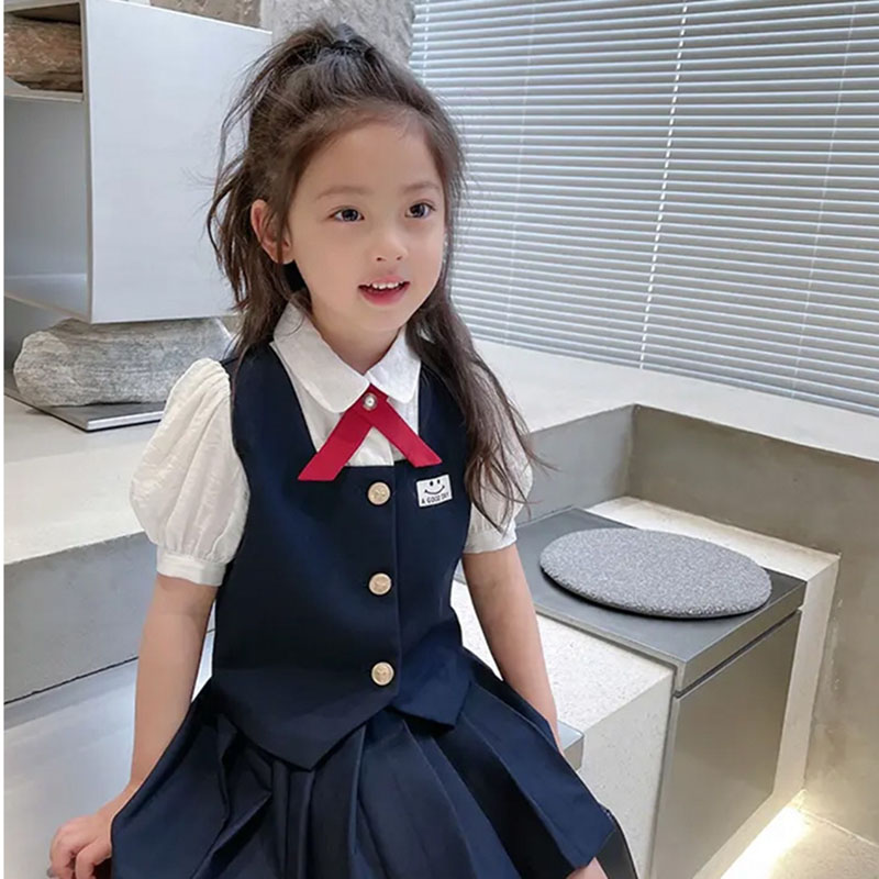 男女童两件套夏季西装套装英伦风儿童假两件薄款短袖短Y裤学院风