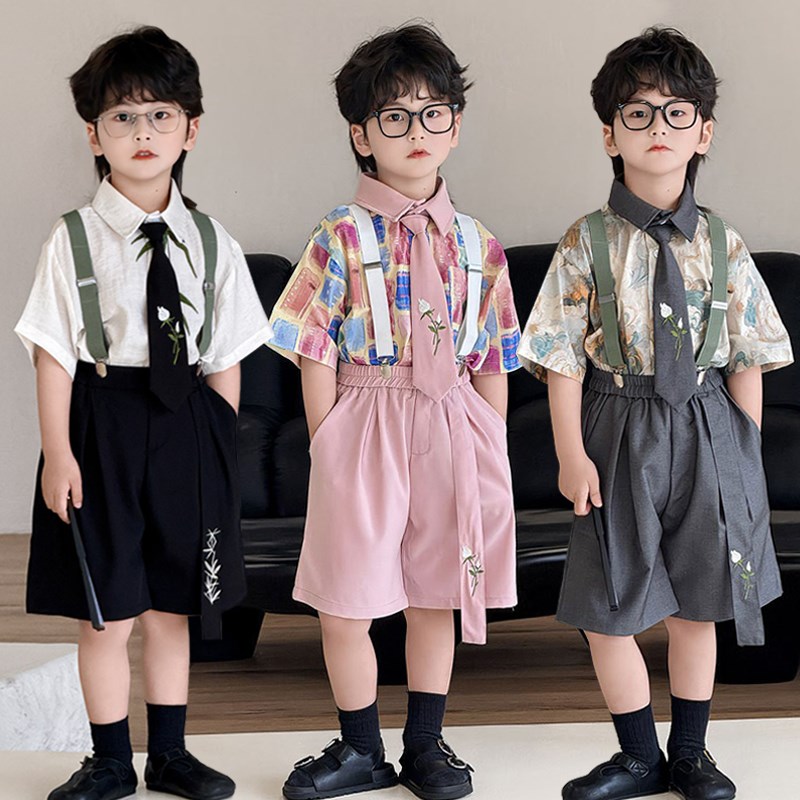 男童礼服夏季韩版休闲儿r童小西装背带裤套装时髦男孩主持人表演