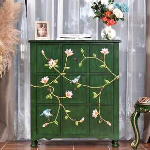 实木九斗柜 客厅新中式彩绘收纳卧室抽屉柜 床尾靠墙复古储物橱柜