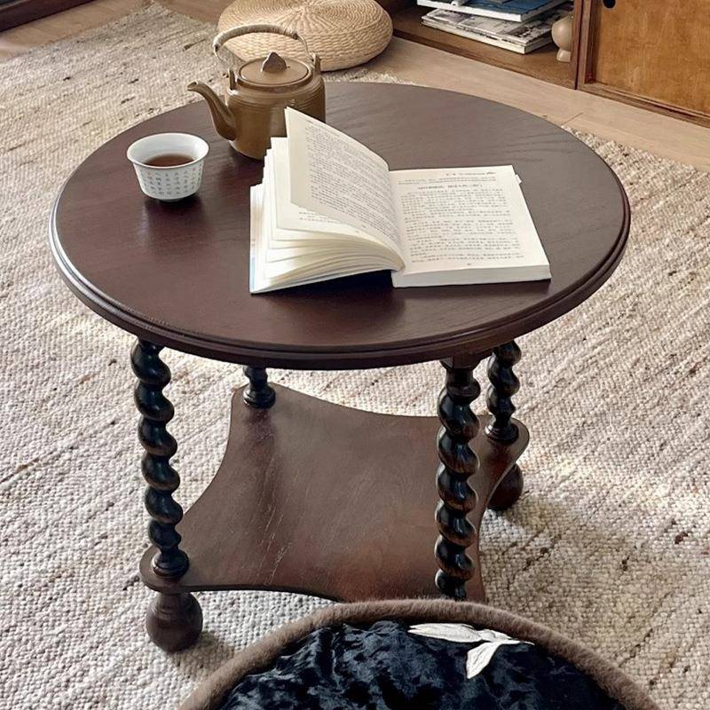 美式圆形茶几实木麻花家用小边几复古木小桌子阳台中古客厅家用