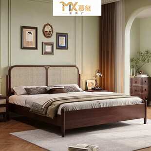 实木藤编床复古实木床法式双人床民宿侘寂中古风原木北欧卧室家具