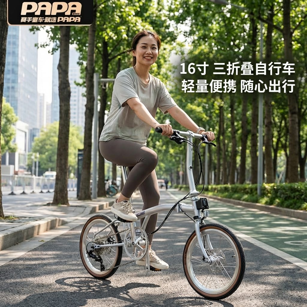 PAPA三折叠自行车轻量化便携16寸铬钼钢车架油压碟刹城市通勤单车