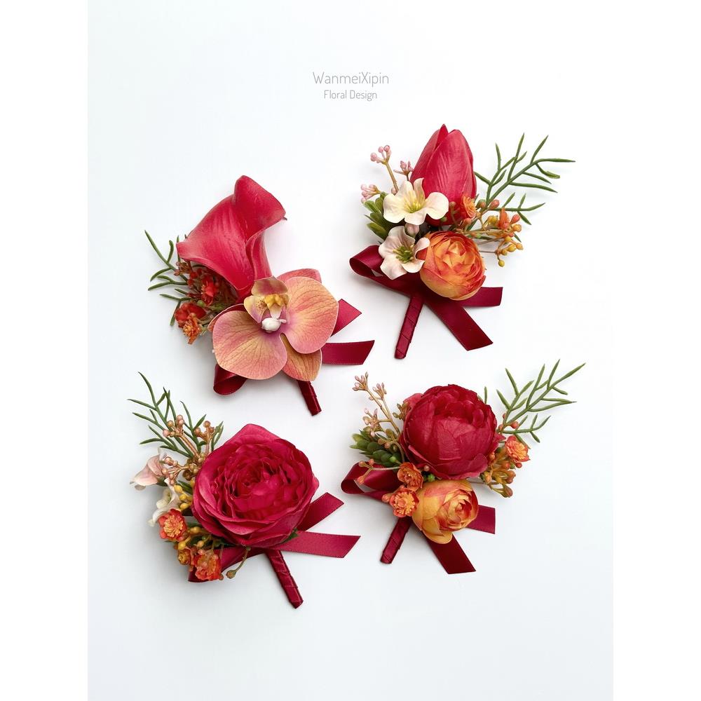 模拟丝绸花新娘和新郎胸花手腕花马蹄莲结婚礼庆典摄影套装胸花红