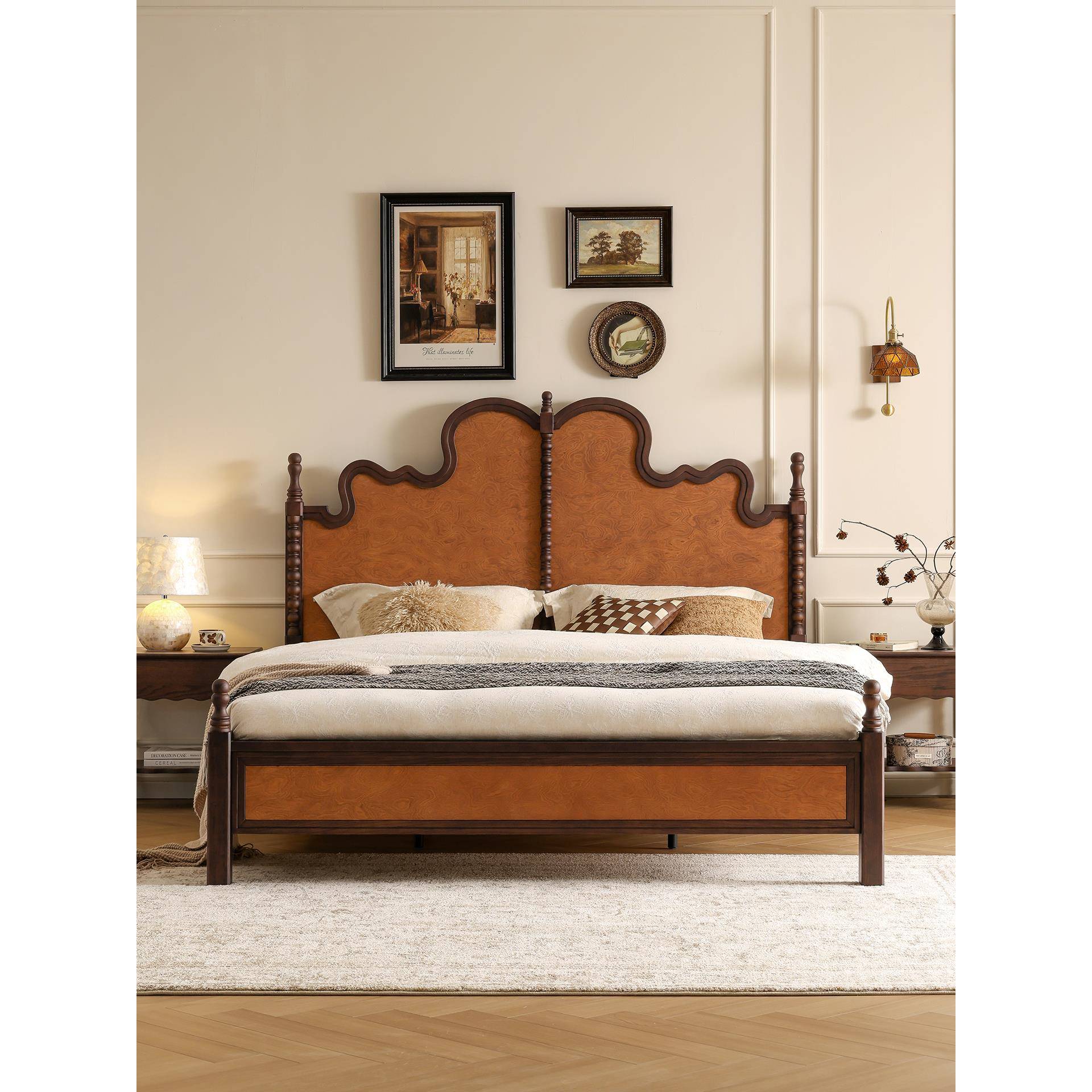 森美匠心法式覆古实木床1米8双人床珀光树瘤纹中古风卧室索拉尔床