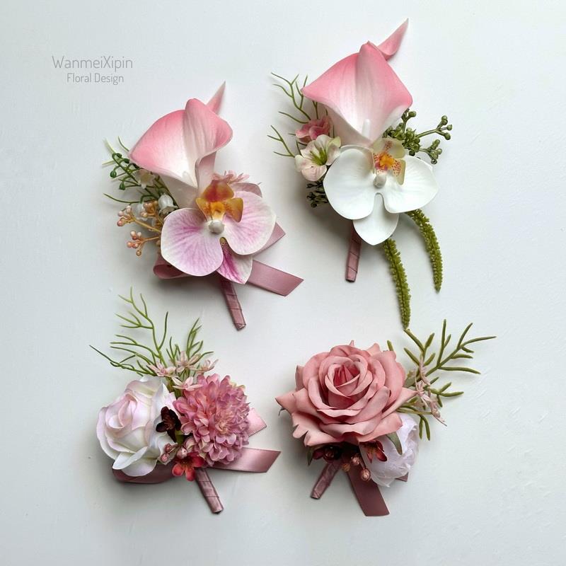 彷真丝花新郎新娘胸花手腕花马蹄莲结婚礼物仪庆典摄影西装襟花粉